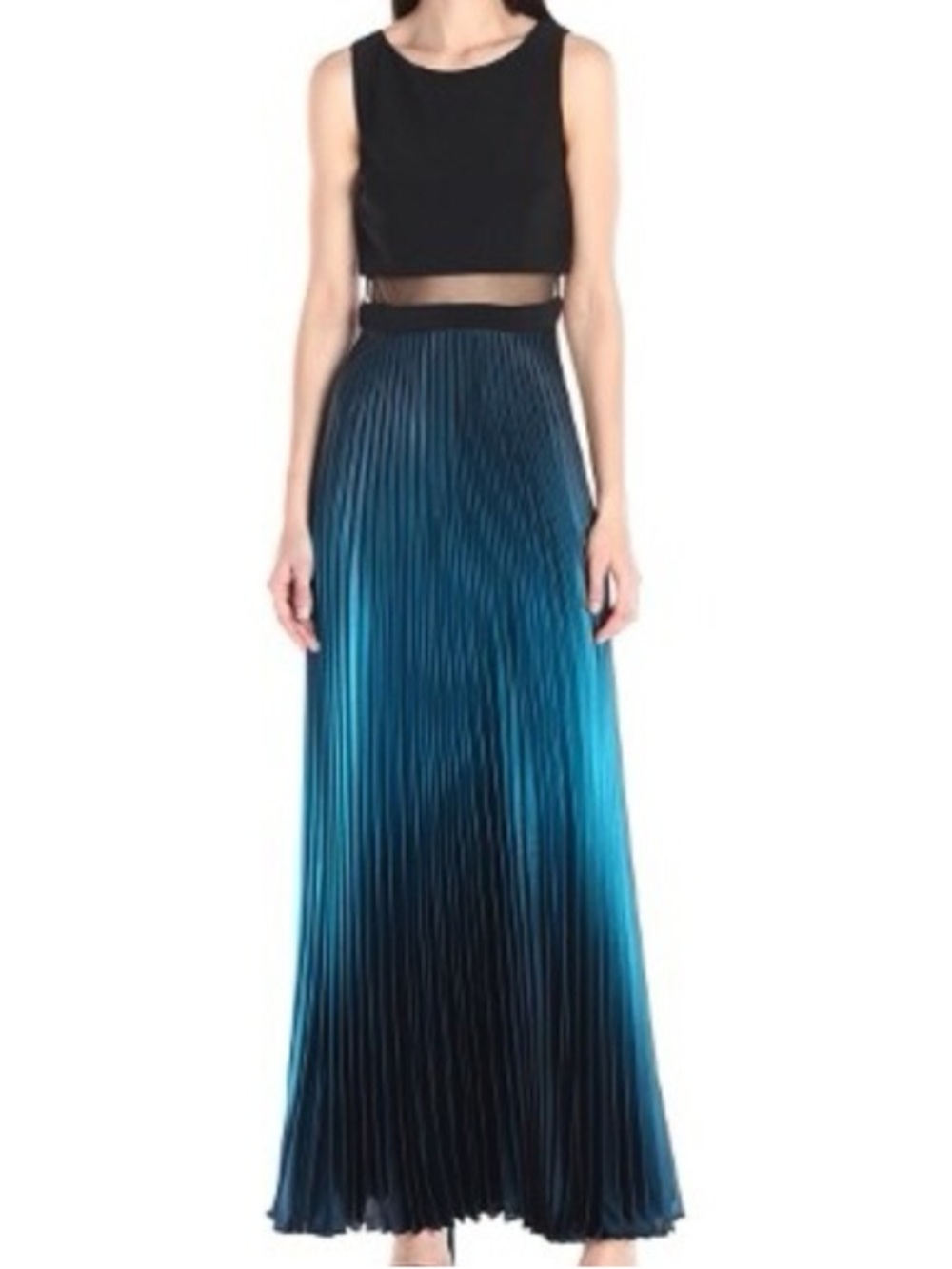 Betsy & Adam Black Top Teal Ombre Pleated Maxi dress size 4